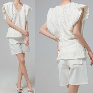 CO Avery Linen Crepe Pleated Cap Sleeve Textured Jacquard V Neck Blouse Top NEW